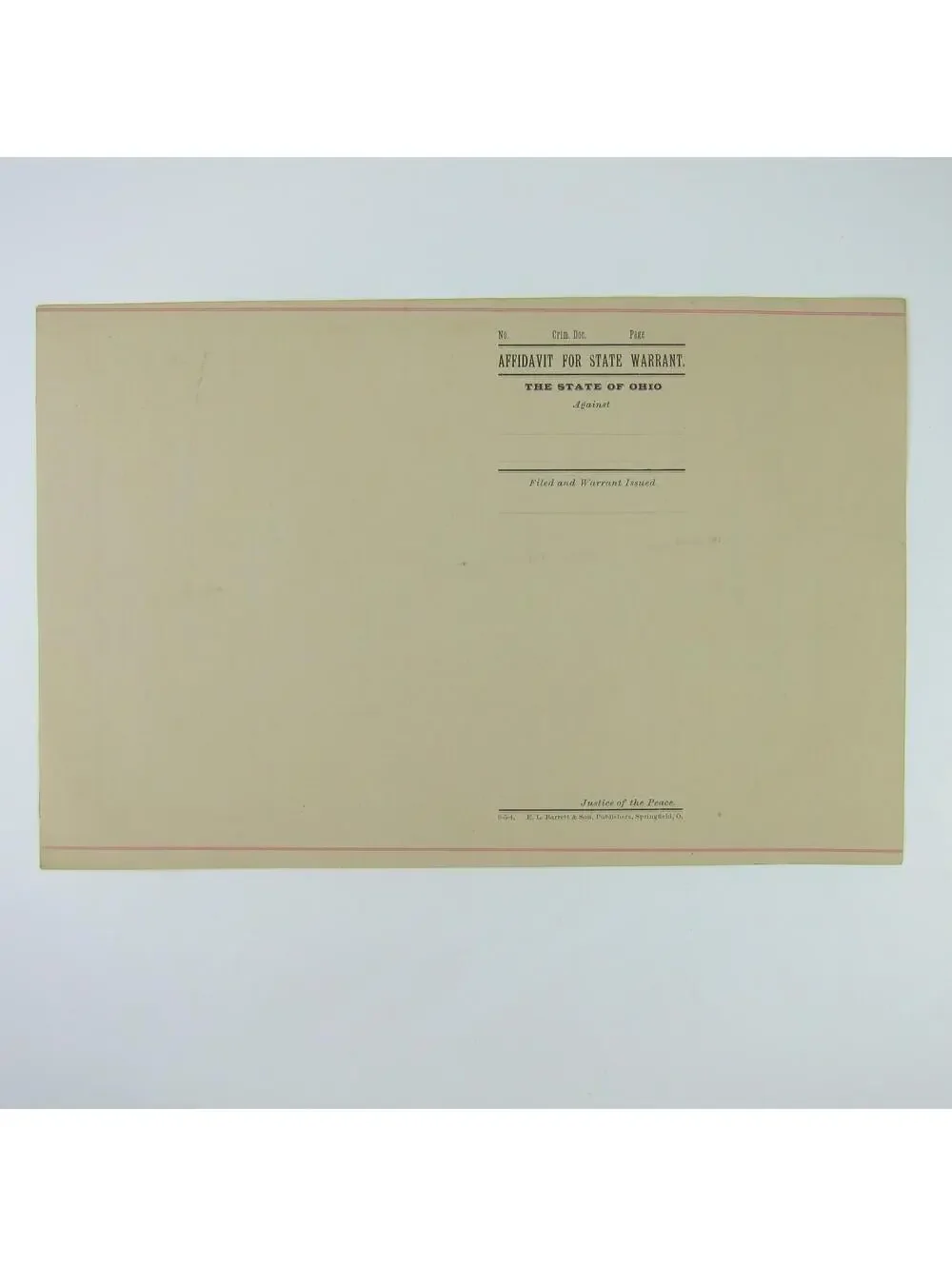 1890s Ohio Affidavit For State Warrant Record Form Blank Justice Antique RARE